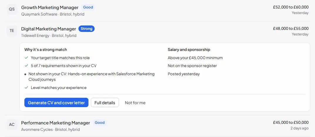 A match opened, showing why it scored Strong, what your CV is missing, and salary against your minimum